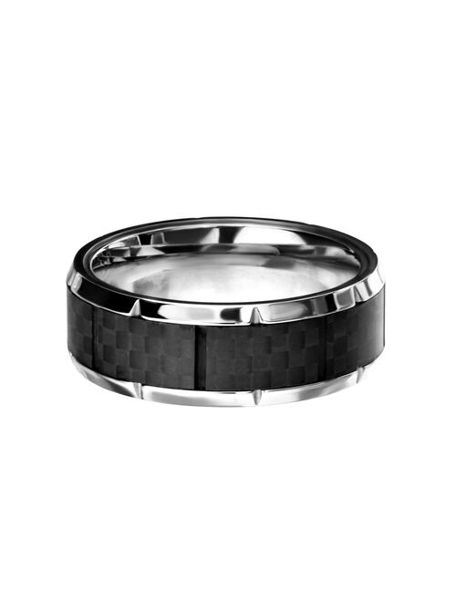 Men's Stainless Steel Ridged Edge Carbon Fiber Ring