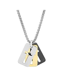 Men's Tri-Tone Stainless Steel Triple Cross Cutout Dog Tag Pendant Necklace