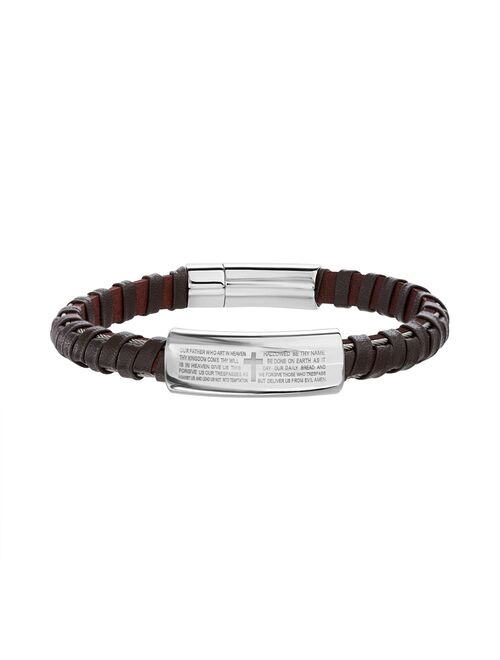 1913 Men's Vegan Leather Braided Bracelet with Stainless Steel Lord's Prayer Plate