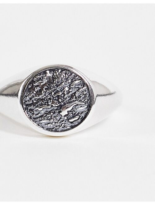 ASOS DESIGN sterling silver signet ring with moon craters in burnished silver