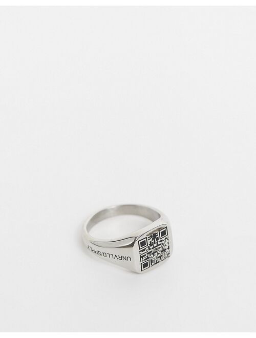 Asos Design ASOS Unrvlld Spply stainless steel signet ring with faux QR code in silver tone