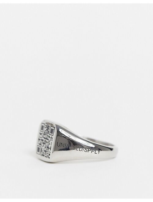 Asos Design ASOS Unrvlld Spply stainless steel signet ring with faux QR code in silver tone