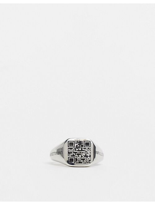 Asos Design ASOS Unrvlld Spply stainless steel signet ring with faux QR code in silver tone