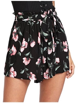 Women's Tie Bow Floral Print Summer Beach Elastic Shorts