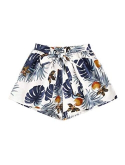 Women's Tie Bow Floral Print Summer Beach Elastic Shorts