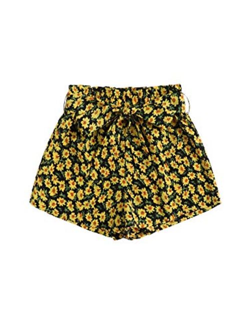 Floerns Women's Tie Bow Floral Print Summer Beach Elastic Shorts