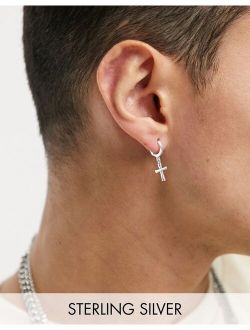 sterling silver 7mm hoop earrings with cross charms in silver