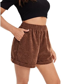 Women's Casual Wide Leg High Waist Cuffed Hem Corduroy Shorts with Pockets