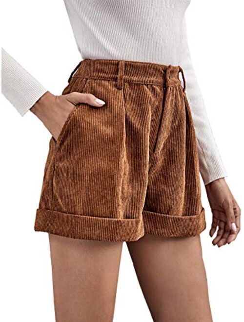 Romwe Women's Casual Wide Leg High Waist Cuffed Hem Corduroy Shorts with Pockets