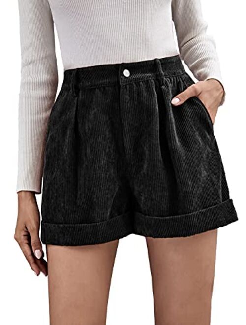 Romwe Women's Casual Wide Leg High Waist Cuffed Hem Corduroy Shorts with Pockets