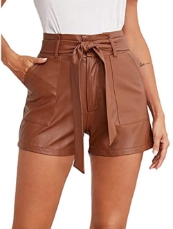 Women's Casual Belted Wide Leg High Waisted Leather Shorts with Pocket