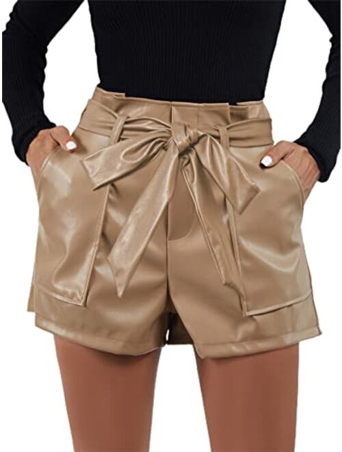 Floerns Women's Casual Belted Wide Leg High Waisted Leather Shorts with Pocket