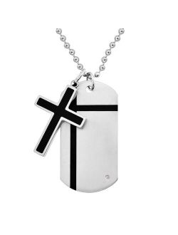 Stainless Steel and Black Immersion-Plated Stainless Steel Diamond Accent Cross Pendant and Dog Tag - Men