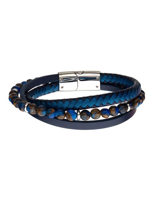 Men's Stainless Steel Blue & Brown Bead Layered Leather Bracelet