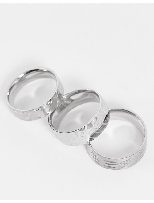 ASOS DESIGN 3 pack stainless steel ring set with cutwork emboss in silver tone