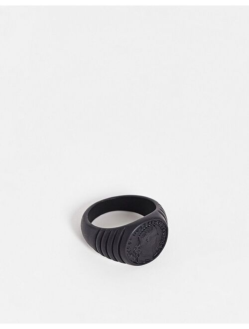 ASOS DESIGN signet ring with coin detail and embossing in matte black