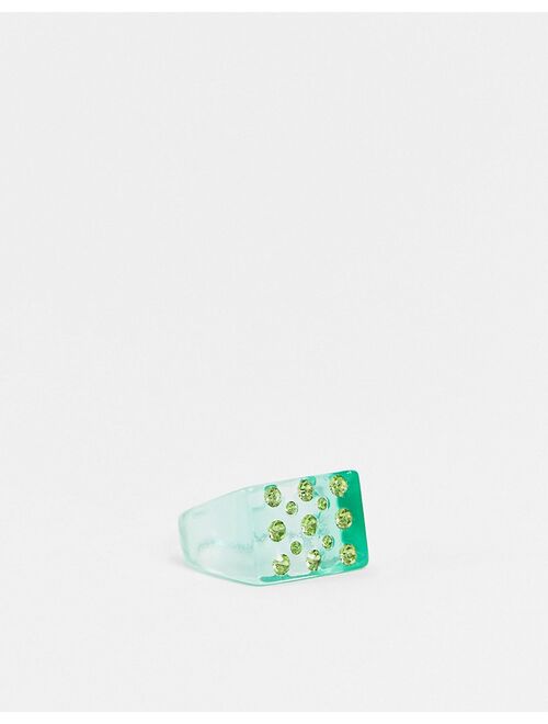 ASOS DESIGN plastic signet ring in green with crystals