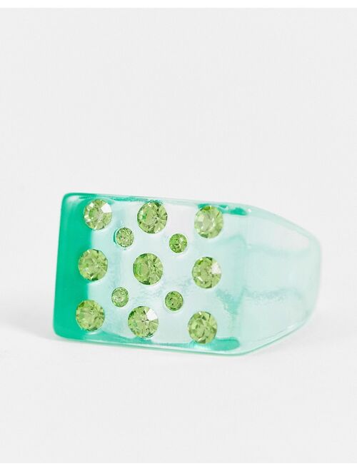 ASOS DESIGN plastic signet ring in green with crystals