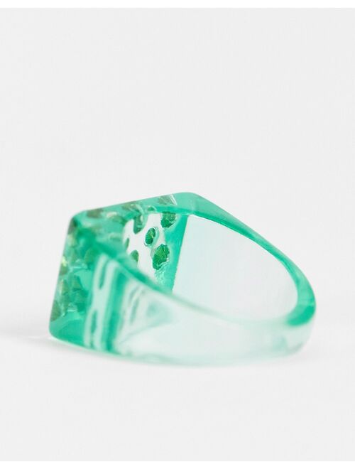 ASOS DESIGN plastic signet ring in green with crystals