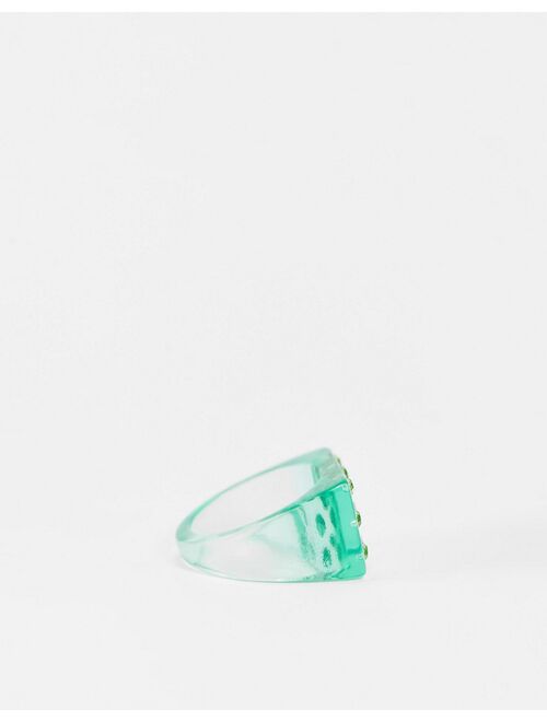 ASOS DESIGN plastic signet ring in green with crystals