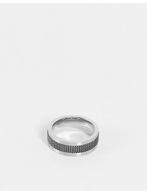 ASOS DESIGN stainless steel band ring with cross hatch emboss in gunmetal