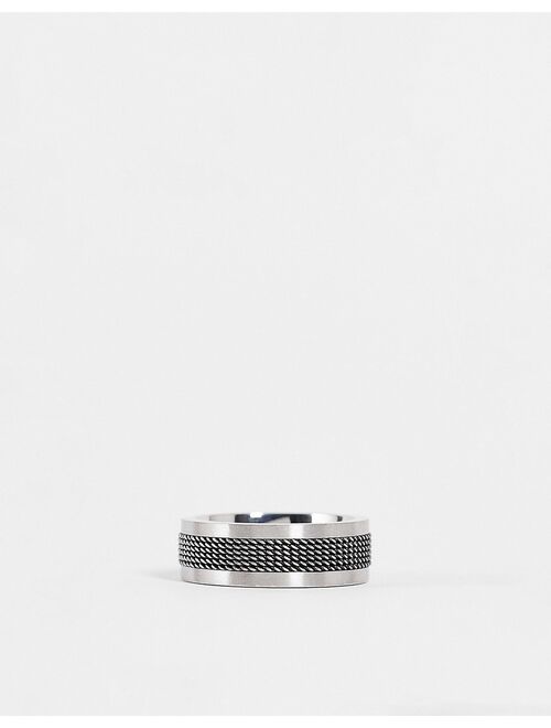 ASOS DESIGN stainless steel band ring with cross hatch emboss in gunmetal