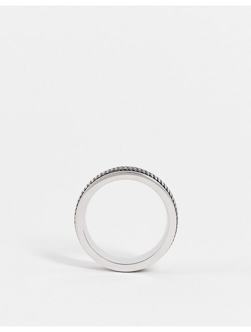 ASOS DESIGN stainless steel band ring with cross hatch emboss in gunmetal