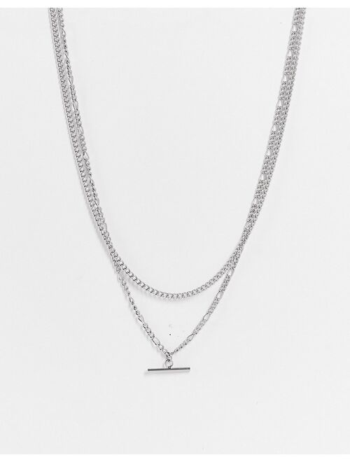 ASOS DESIGN 2 pack layered stainless steel neckchain with figaro chain and t-bar pendant in silver tone