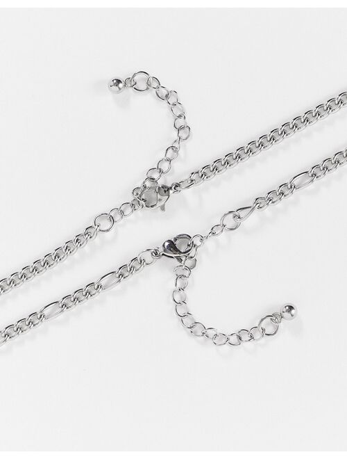 ASOS DESIGN 2 pack layered stainless steel neckchain with figaro chain and t-bar pendant in silver tone