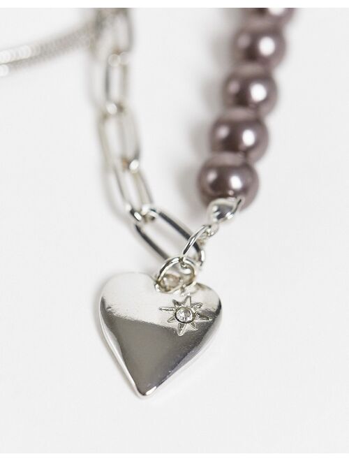 Reclaimed Vintage inspired 90's multichain necklaces with heart pendant and dark faux pearl