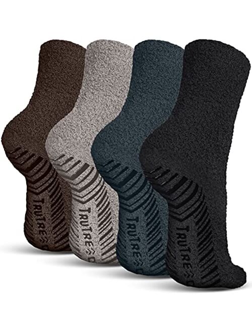 TruTread Fuzzy Slipper Socks with Grippers for Women and Men - 4 Pairs Non Skid Socks / No Slip Fuzzy Socks