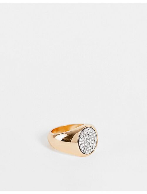 ASOS DESIGN signet ring with diamante detail in gold tone