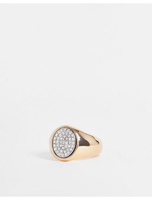 ASOS DESIGN signet ring with diamante detail in gold tone