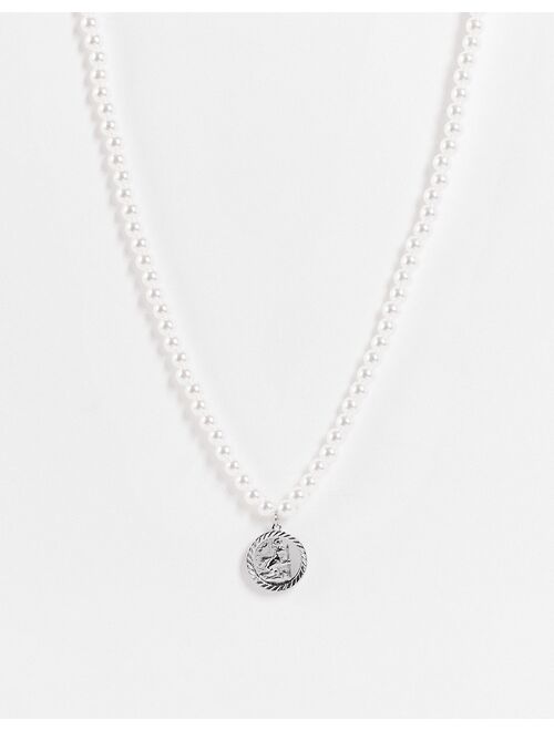 ASOS DESIGN 6mm faux pearl neck chain with St Christopher pendant in silver