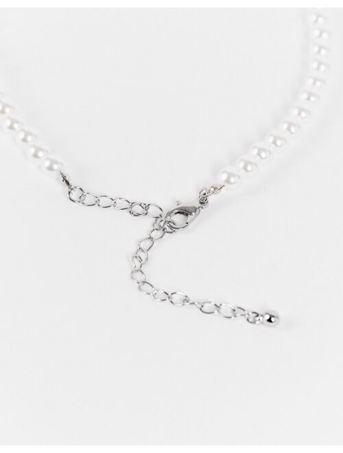 ASOS DESIGN 6mm faux pearl neck chain with St Christopher pendant in silver