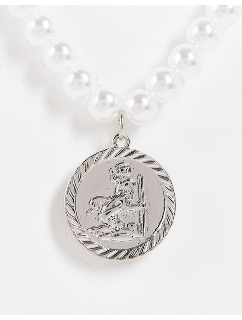 ASOS DESIGN 6mm faux pearl neck chain with St Christopher pendant in silver