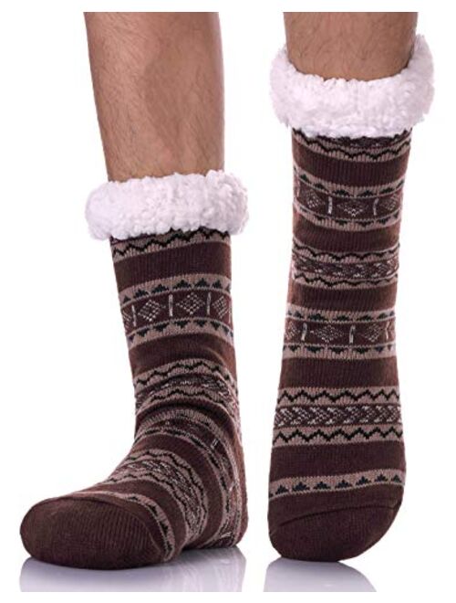 LANLEO Men's Fuzzy Ripple Slipper Socks Super Soft Warm Fleece Lining Knit Non Slip Winter Socks