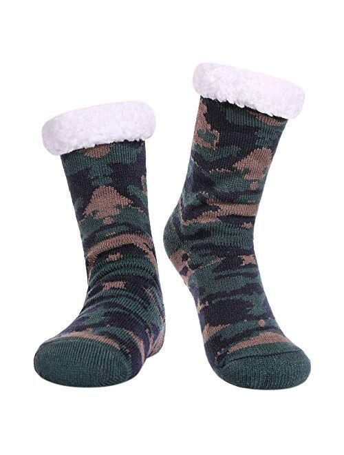 LANLEO Men's Fuzzy Ripple Slipper Socks Super Soft Warm Fleece Lining Knit Non Slip Winter Socks