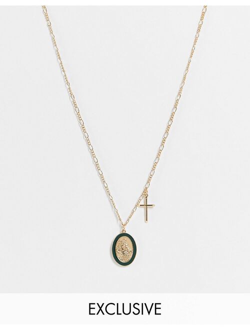 Reclaimed vintage inspired necklace with st christopher enamel pendant with cross in gold