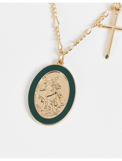 Reclaimed vintage inspired necklace with st christopher enamel pendant with cross in gold