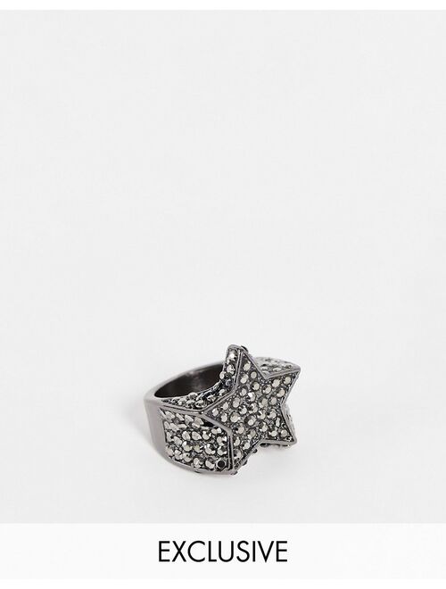 Reclaimed Vintage Inspired unisex chunky star party ring with crystals in gunmetal