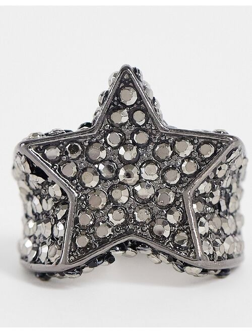 Reclaimed Vintage Inspired unisex chunky star party ring with crystals in gunmetal