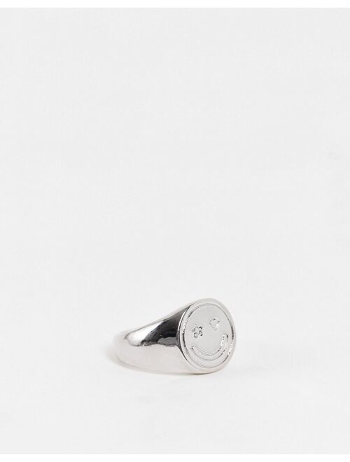 ASOS DESIGN 3 pack signet ring set with heart and flower design in silver tone