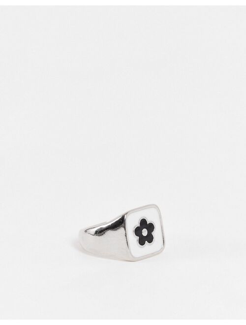 ASOS DESIGN 3 pack signet ring set with heart and flower design in silver tone