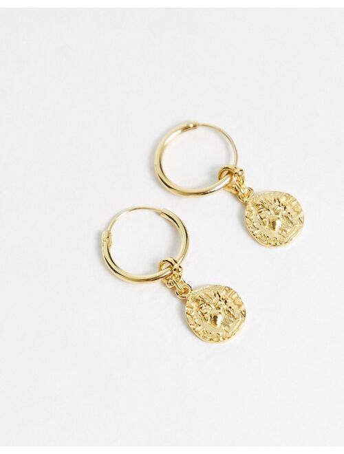 ASOS DESIGN sterling silver hoop earrings with coins in 14k gold plate