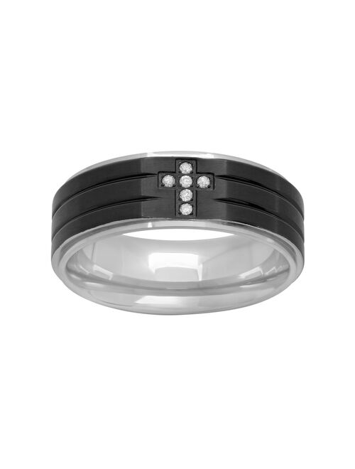 Diamond Accent Stainless Steel & Black Ion-Plated Stainless Steel Cross Grooved Band - Men