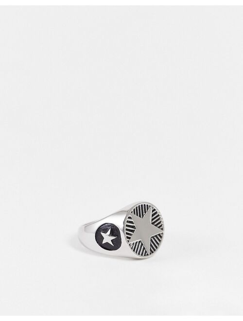 ASOS DESIGN stainless steel signet ring with chunky star embossing in silver tone