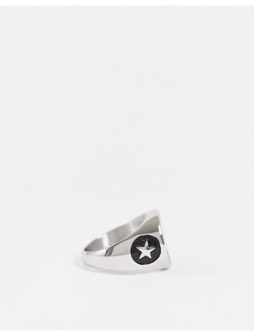 ASOS DESIGN stainless steel signet ring with chunky star embossing in silver tone