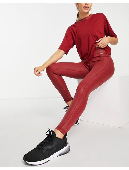 Puma Training Moto leather look leggings in dark red