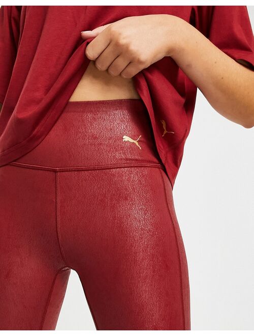 Puma Training Moto leather look leggings in dark red